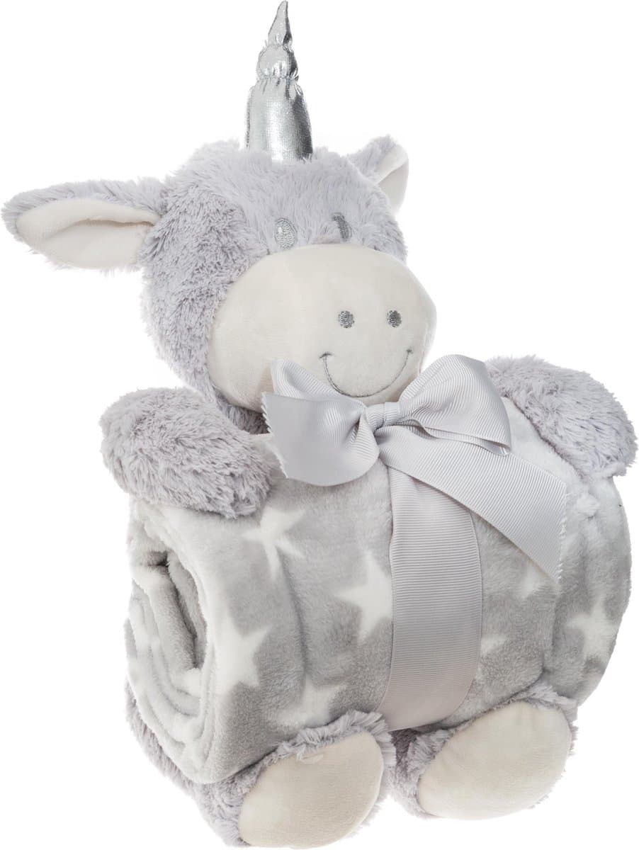 Atmosphera Pluche eenhoorn met deken grijs - Kraamcadeau - Plaid - Knuffel - Baby - Extra zacht