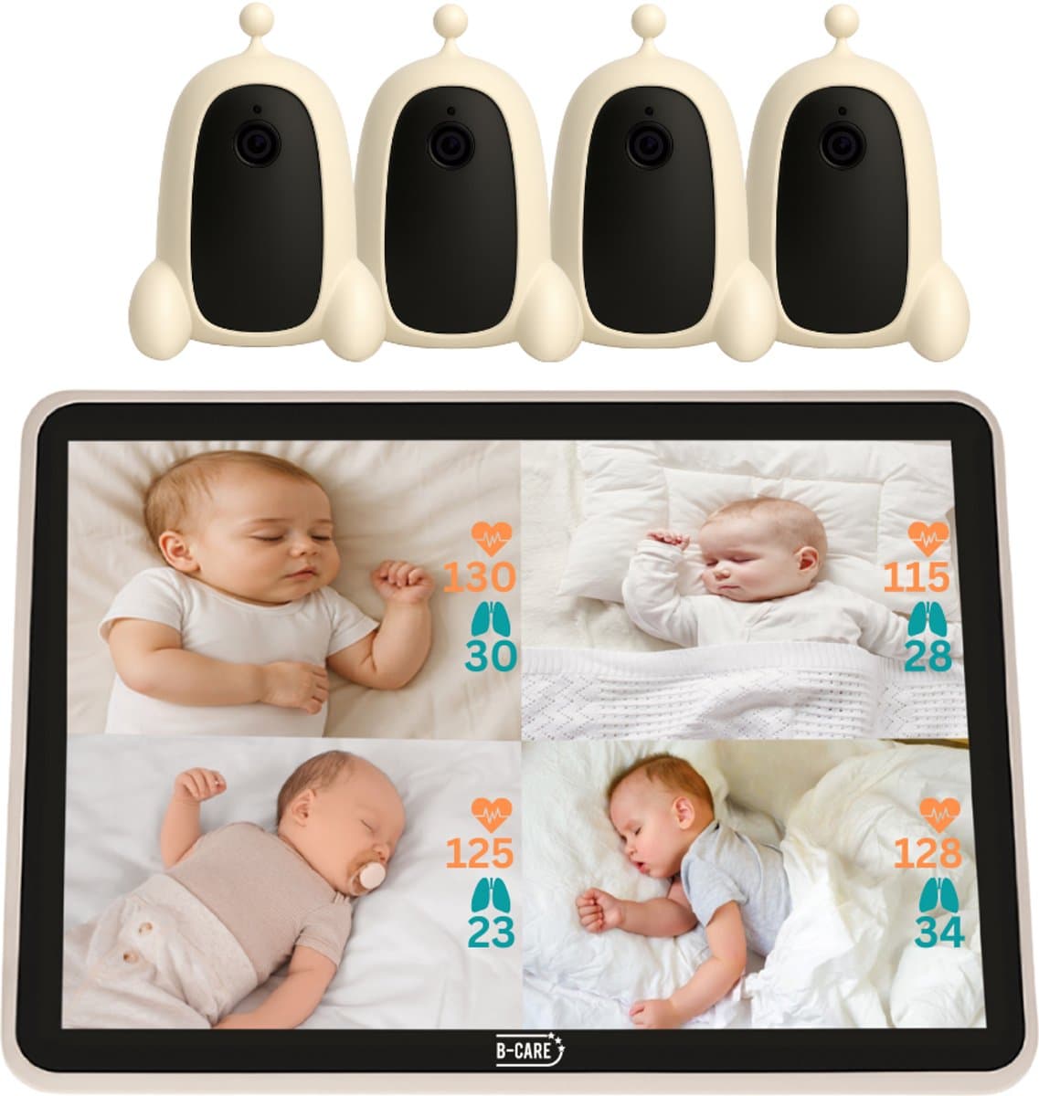B-Care Nova Sense Touch – Babyfoon Met 4 Camera's – 7.0 Inch HD Touchscreen – Contactloze Hartslag & Ademhalingssensor Met AI-Technologie – Quad Screen – Bewegingszone – Uitbreidbaar Tot 4 Camera’s – Zonder Wifi en App