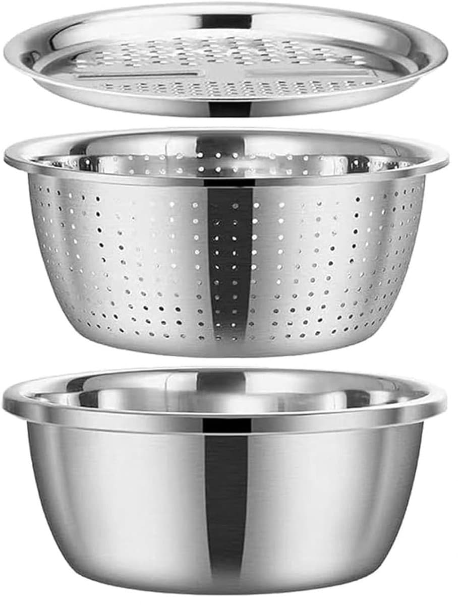 Peysaitr - 3-delige RVS Keukenset - Rasp, mengkom en vergiet - Multifunctionele - Keuken koken - Doorsnede 26 cm - Zilver