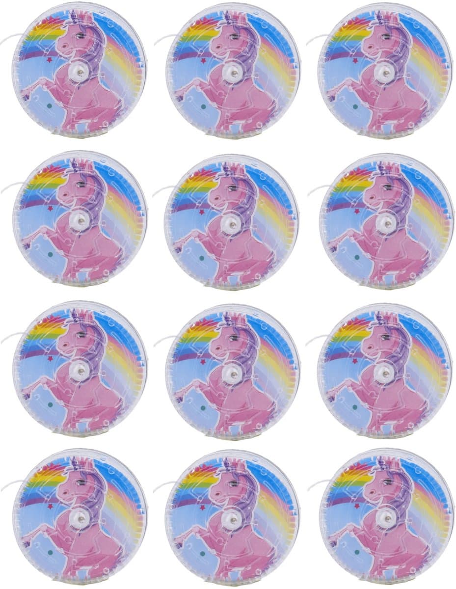 Jojo 12 stuks - Unicorn Thema – Met Doolhof Puzzel Eenhoorn – 5 cm Labyrint YoYo– Kinderfeestje, Uitdeelcadeau & Traktatie
