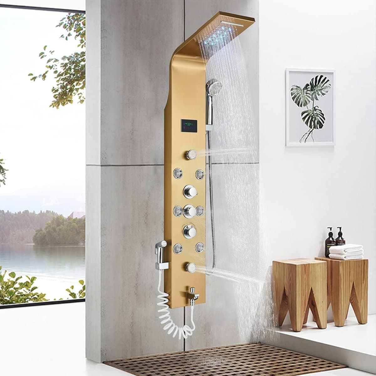 LED-douchepaneel Douchezuil met 6 Massagestralen – Gouden Uitvoering Multifunctioneel Douchepaneel & Hydromassage Systeem