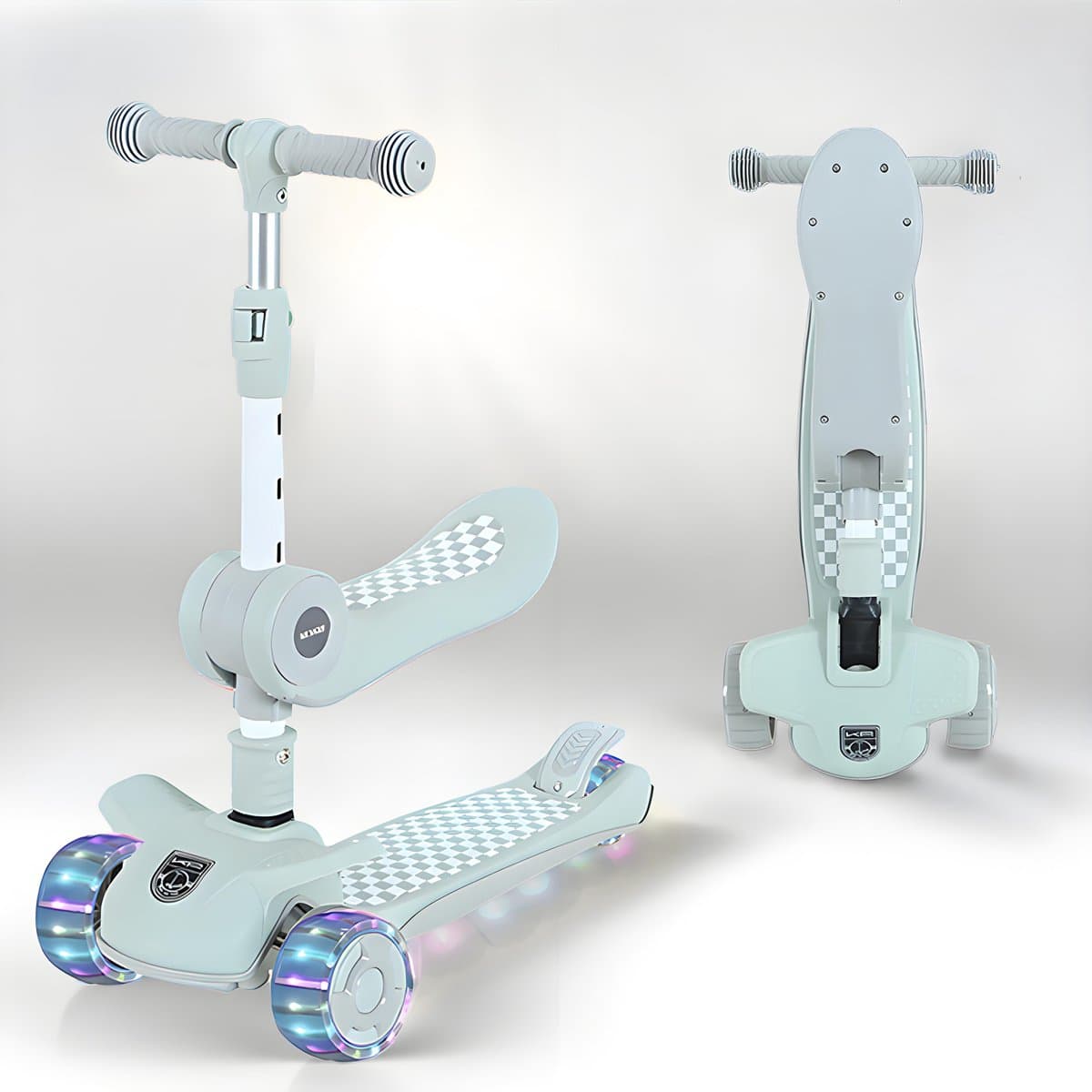 Kinderstep 3-in-1: Loopfiets + Driewieler + Step - Eénklaps Vouwbaar (Geen Montage!) - LED Lichtwielen - Verstelbaar 62-80cm - Veilig Laag Zwaartepunt - Geschikt 3-8 Jaar - Draagt 50kg - Licht Mintgroen