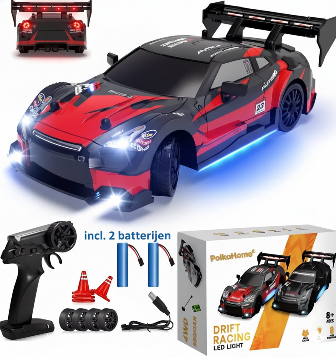 PolkaHome RC Drift Auto 1:24 – Afstandsbestuurbare RC Auto – 4WD – 2 Accu’s – 20 km/h