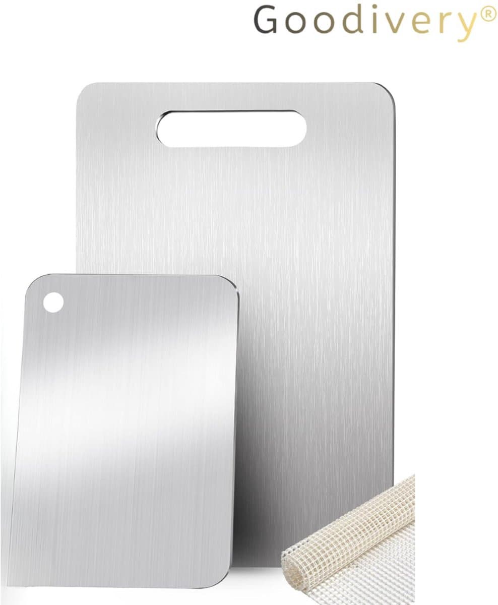 Goodivery® - Titanium Snijplank - 2 Stuks Roestvrijstalen Titanium Snijplank Met Antislip Mat - Titanium Snijplank - Dubbelzijdig - Makkelijk Schoon Te Maken - Voor Vlees - Groenten - Fruit - Brood - 24 X 15 CM
