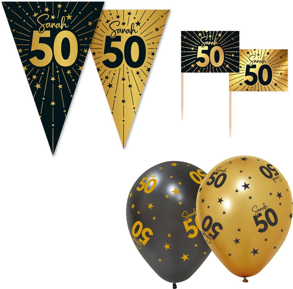 Feestpakket 50 jaar Sarah Zwart / Goud – Vlaggenlijn 10 meter + 6 Ballonnen + 50 Prikkers – Golden Celebrations - Versiering Slinger Feestdecoratie Decoratie Verjaardag Jubileum Ballon Feest