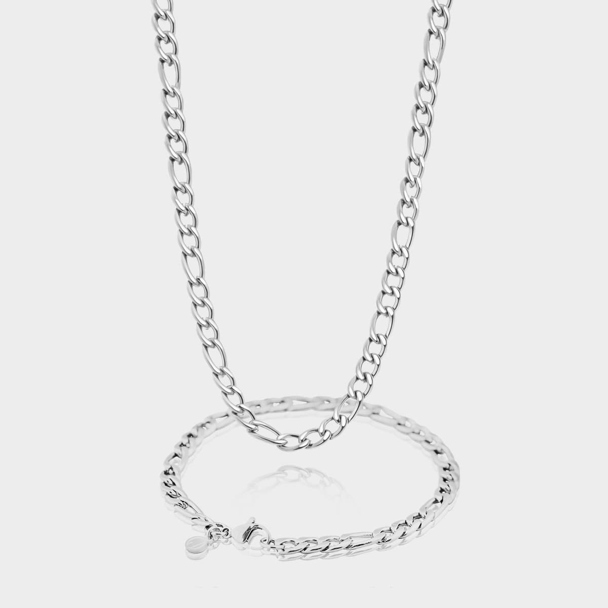Figaro Ketting 5 mm x Figaro Armband 5 mm - Zilveren Schakelketting en Schakelarmband Heren - 60/21 cm lang - Olympus Jewelry