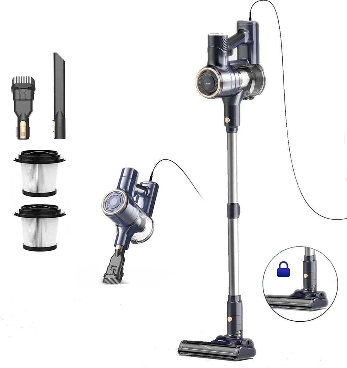 Yisora - Steelstofzuiger met snoer - Steelstofzuigers - 6 in 1 Stofzuiger zonder zak - Handstofzuiger met steel - 3 verschillende opzetstukken - 600W - Blauw - 23Kpa- ultra licht