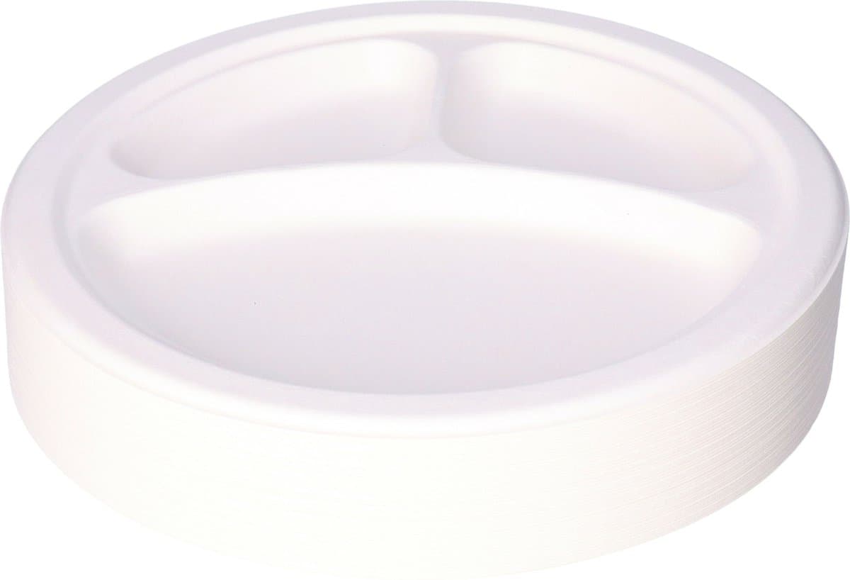 DEPA fondue/gourmet borden - 50x - 3-vaks - wit - D26 cm - suikerrietpulp - composteerbaar