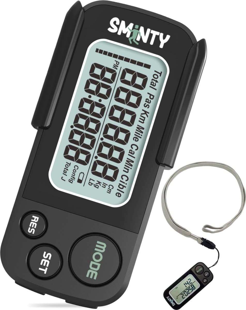 Sminty® Stappenteller Broekzak Zwart – Activity Tracker - Stappentellers – Pedometer - 3D Sensor – Groot Scherm – Volledige Privacy – Clip – Dames – Mannen - Kinderen - Nijmeegse Vierdaagse