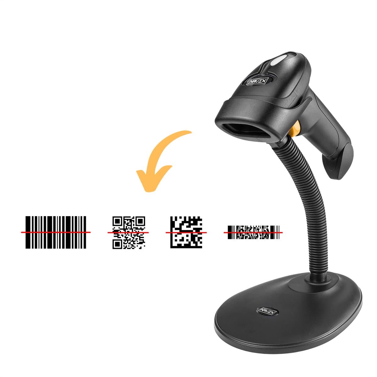 NAVIX Bekabelde Barcode Scanner - Flexibele Standaard - QR Code Snel en Nauwkeurig Scannen via USB - Plug & Play Handscanner - Scannen van Papier en van Beeldscherm