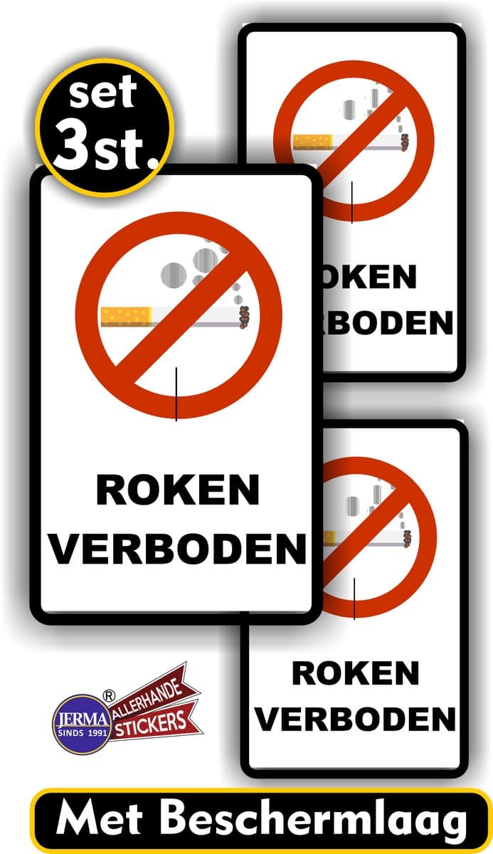 Jerma - Verboden te Roken - Stickers - 1 van 12.5x20 - 2 van 10x15.5 cm - Zelfklevend - Weerbestendig