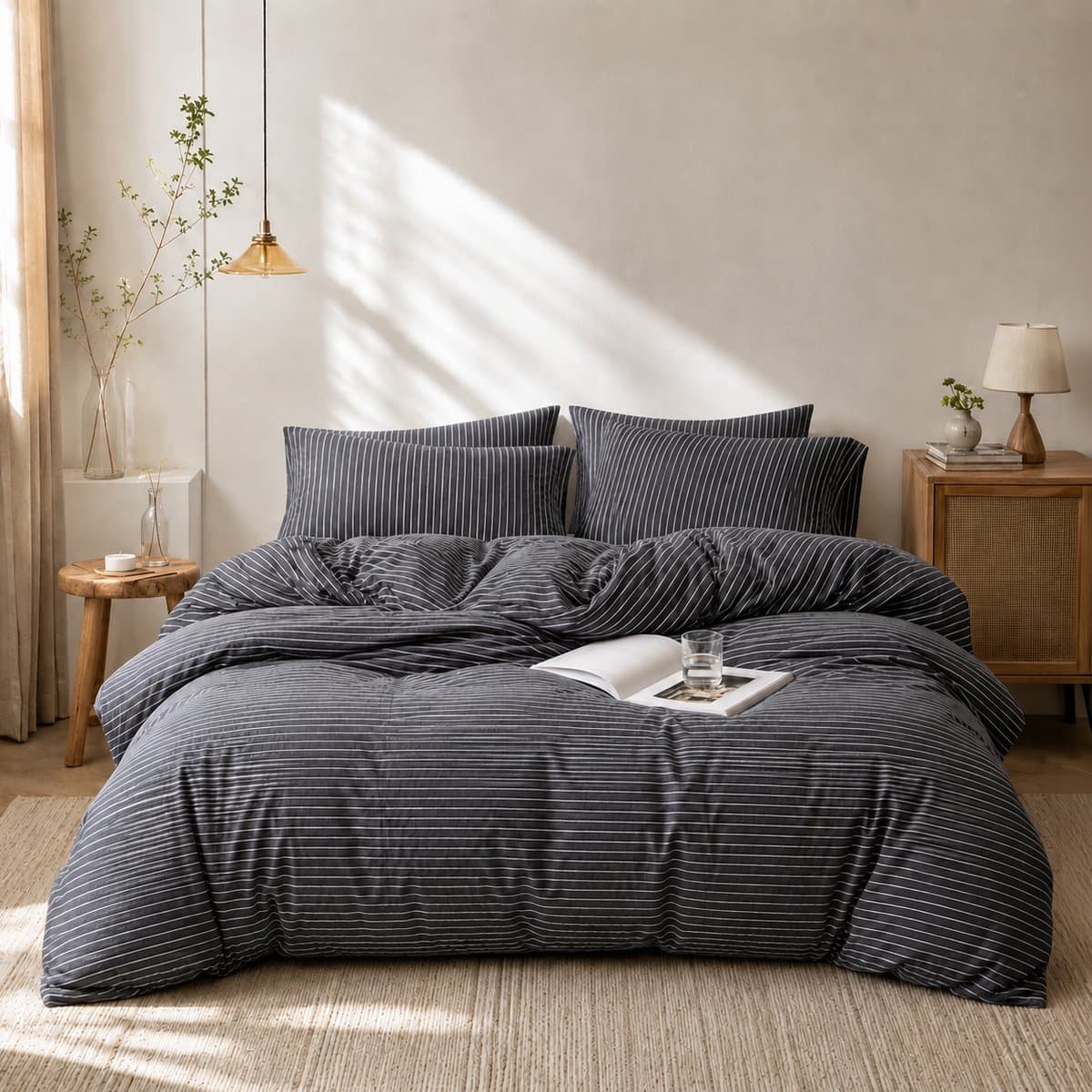 MeiLun Home Soft Living Beddengoedset 4-delig – 140 x 200 cm Hoeslaken – Mist Stripe – 100% Gewassen Katoen – incl. Dekbedovertrek, Hoeslaken, 2 Kussensloop + Gratis Hoofdkussen