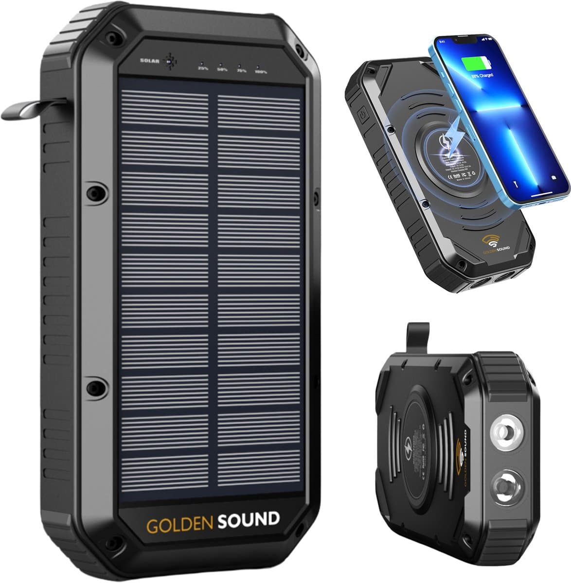 Golden Sound Powerbank Zonneenergie - 27.000 mAh - Accu voor in het noodpakket - Snellader 22,5W - Powerbanks - Solar powerbank - 4x USB-A, 1x USB-C en 1x Micro-usb - Universele Powerbank