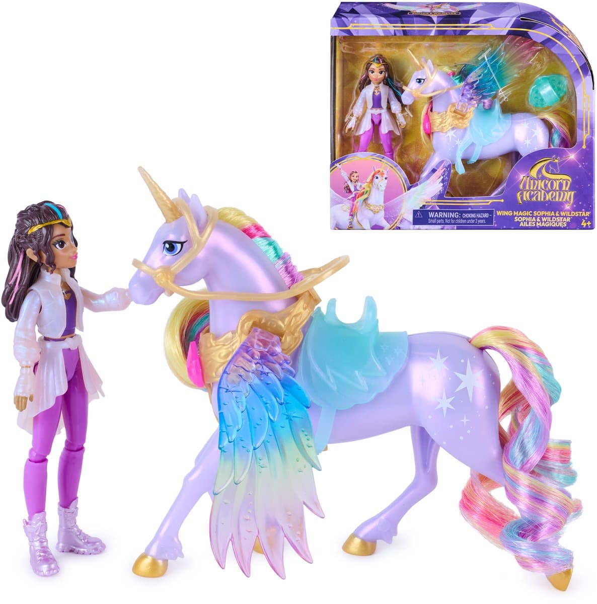 Unicorn Academy - Sophia & Wildstar met Vleugelmagie - Beweegbare Pop 11,4 cm en Gevleugelde Eenhoorn 12,7 cm - Inclusief 4 Accessoires - Poppen- en Eenhoornspeelgoed