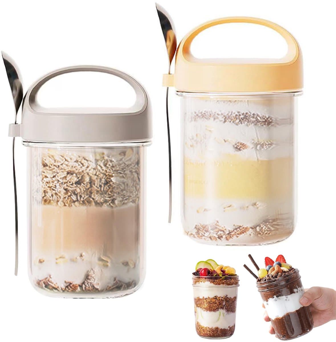 Omgoods - Glazen Voedselpotten met Deksel en Lepel - 400 ml, Pack van 2