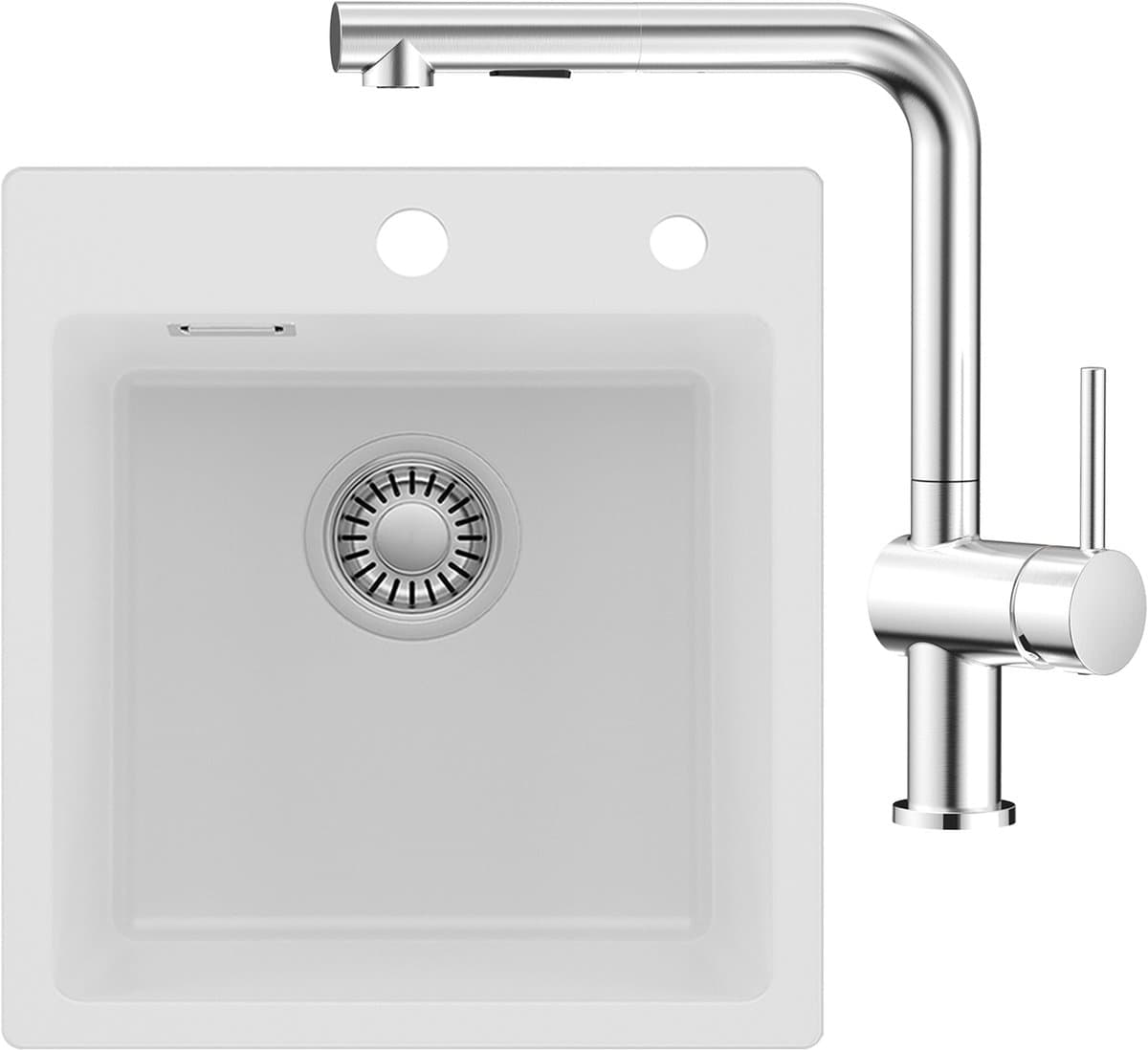 CECIPA max Spoelbak voor keuken 40x45CM - Graniet Spoelbakken Met Keukenkraan met 2 straalsoorten - Enkele spoelbak Wit - Met waterafvoersysteem - Voor 40 cm kast