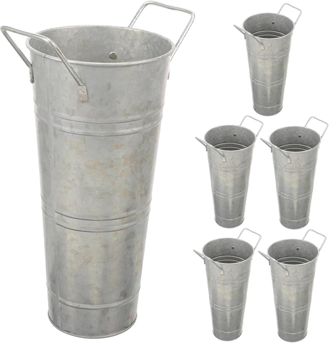 Metalen Bloememmer - Ijzeren Vaas Boerderij Vaas - Tafeldecoratie Bruiloft - Met Handvatten - 6 Stuks 25cm - Zilver