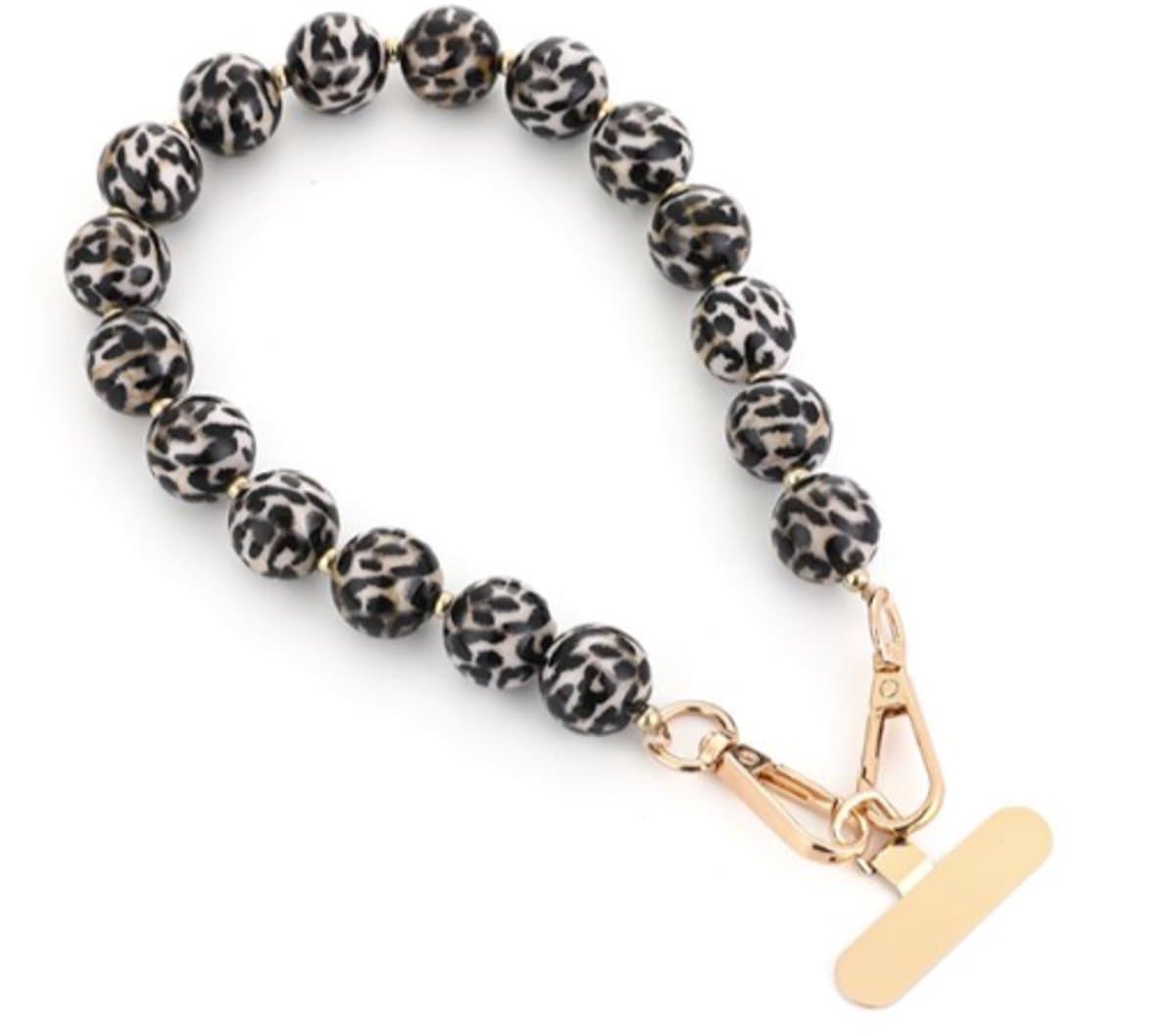 Universeel Telefoonkoord LEOPARD - Luxe Kralen Telefoonketting - Acryl Wrist Strap met Goudkleurige Details - Zwart