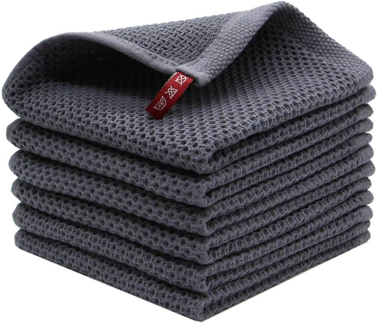 Grijze Katoenen Wafelweefsel Keukendoek - 6 Stuks - Zacht Absorberend En Snel Droog - 33x71 Cm - Ideaal Voor Afwassen, Schoonmaken En Drogen