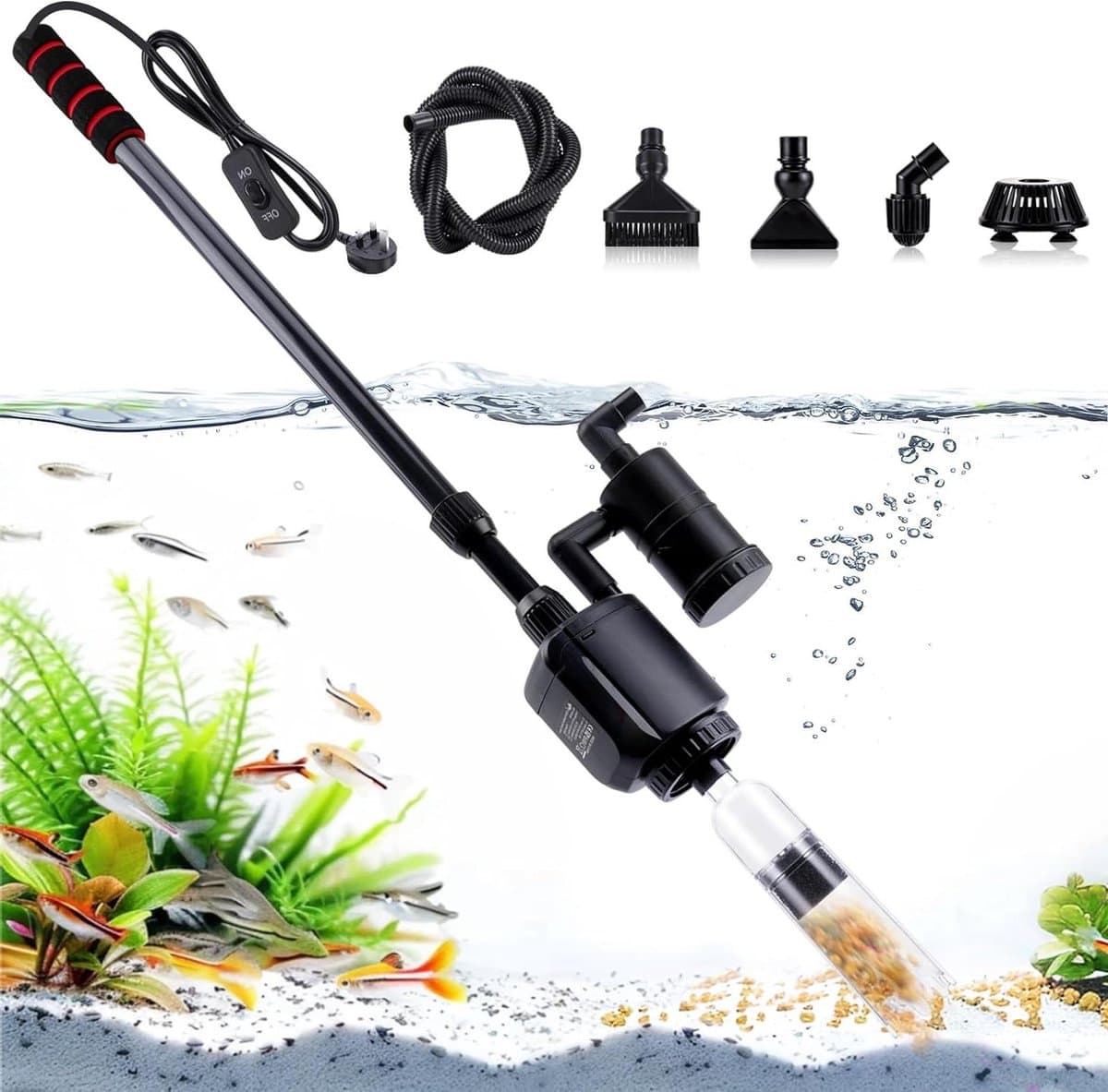 Aquarium Mulmstofzuiger - Waterwisselaar Filter - Aquarium Onderhoud - 6-in-1 Functionaliteit - Verstelbaar 43-85cm - Grijs
