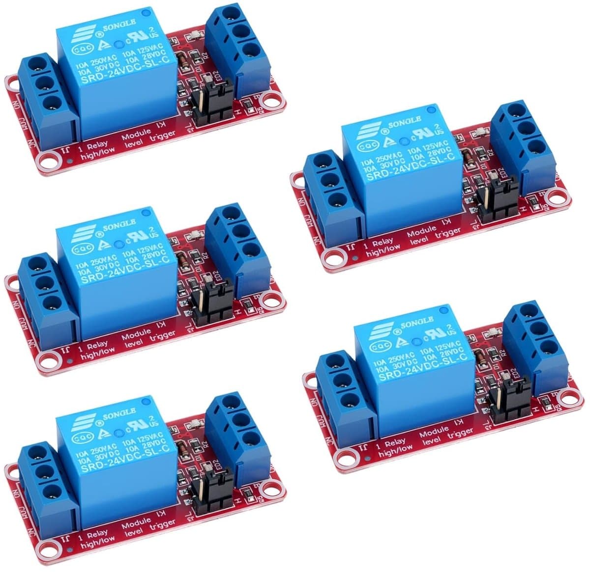 24V 1-kanaals relaismodule met optische isolatie, geschikt voor Arduino en Raspberry Pi, 250V AC/10A, ideaal voor slimme huizen en industriële toepassingen, set van 5