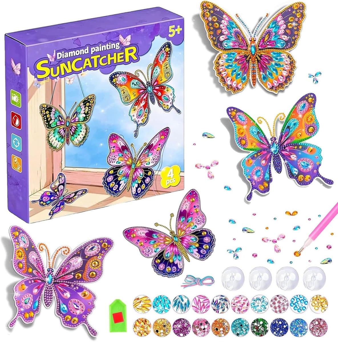 SnelShoppen - DIY Diamond Painting Set Kinderen - Creatieve Butterfly Craft Set - Raamdecoratie voor Meisjes 5-10 Jaar - Compleet met Diamant Tassen,