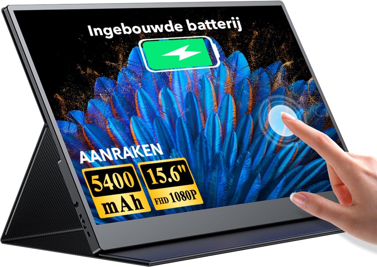 Uperfect 15,6-inch draagbare monitor, 10-punts touchscreen, 60 Hz, USB-C en HDMI, 1080p, IPS (1200:1), voor laptop/telefoon/spelconsole, VESA-montage mogelijk