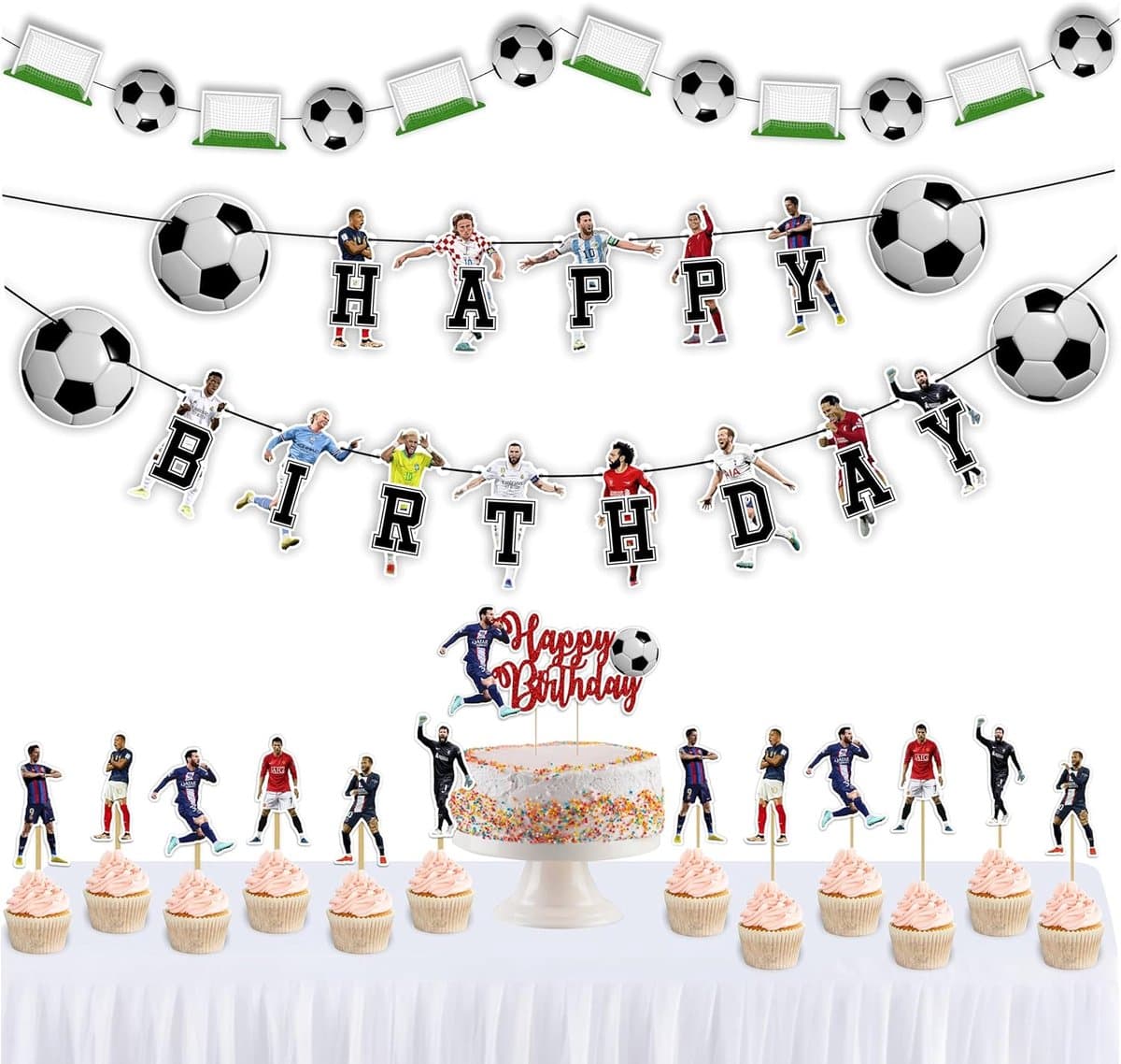 Feestdecoratie Set - Verjaardagsversiering - Themafeest Vieren - Compleet Pakket - 1 Banner 24 Toppers - Voetbal Thema