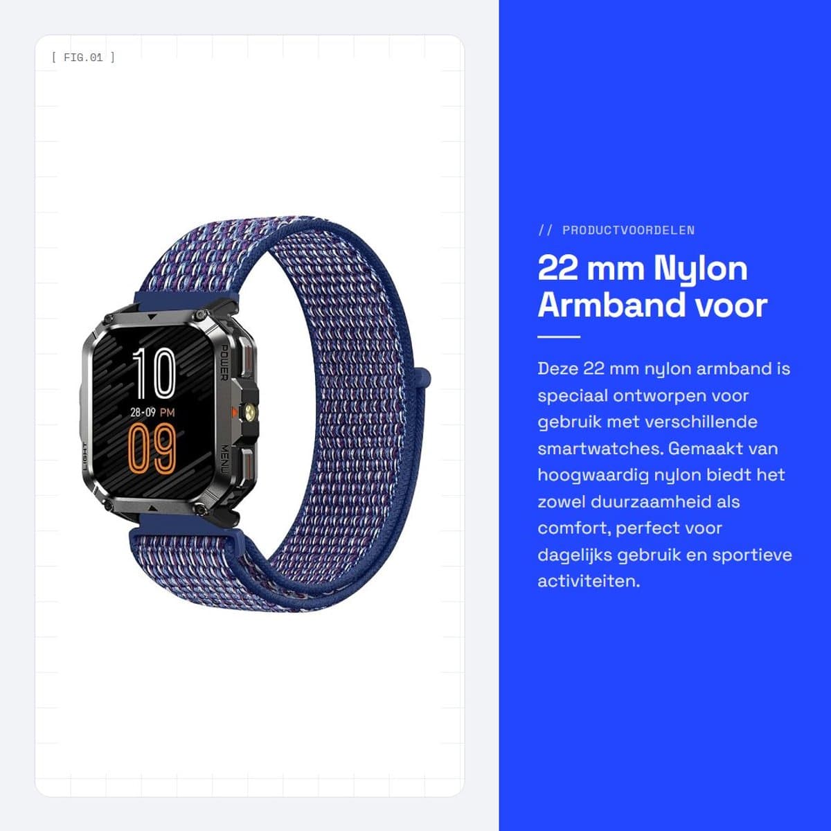 Dailygoods - 22 mm Nylon Armband voor Smartwatch, Ademend en Verstelbaar