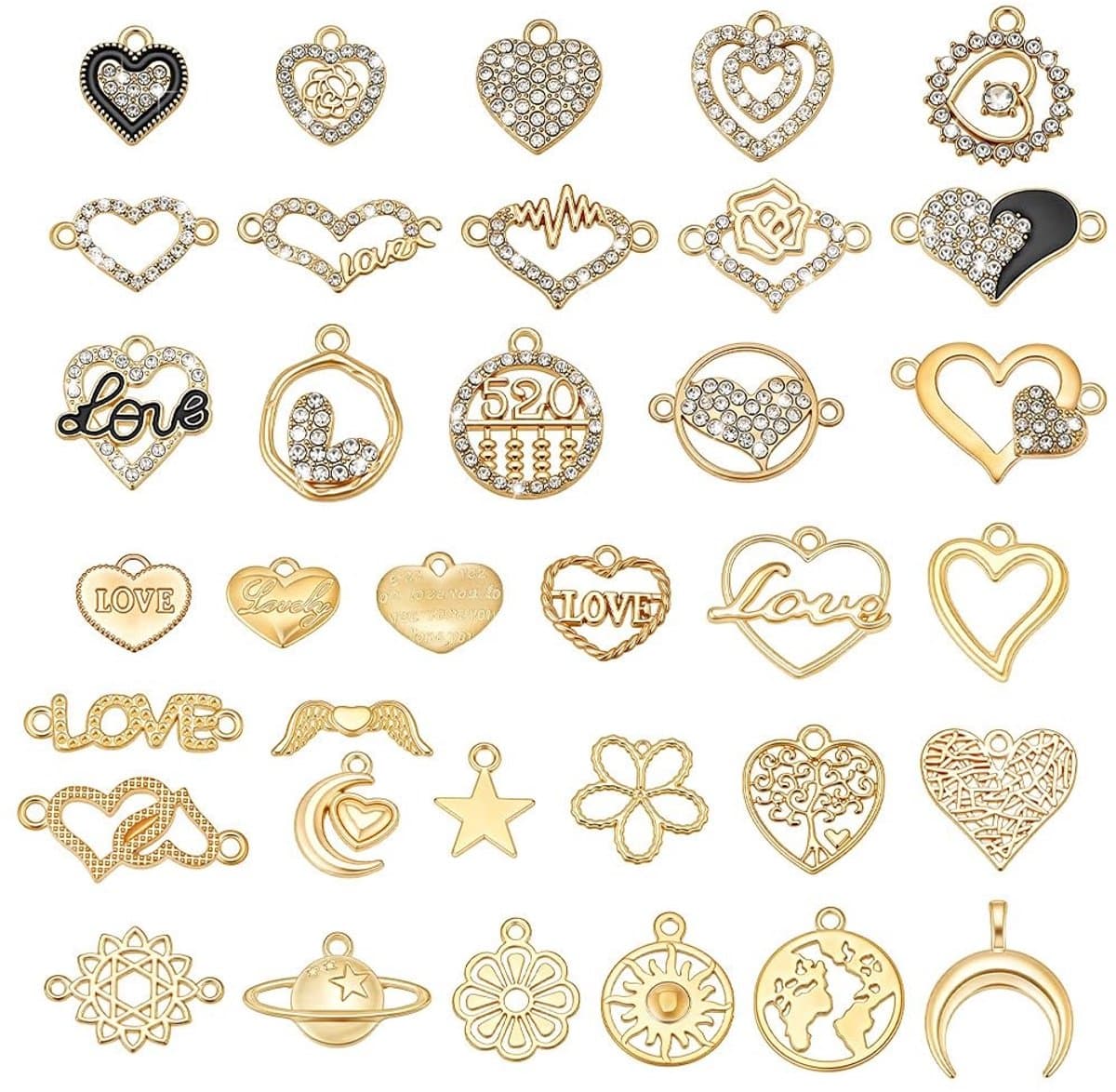 Dailygoods- Hartvormige Hanger 35 Stuks - Strass Hangers - Bedels voor Sieraden Maken - Armband/Ketting - DIY Hangers - Verschillende Maten