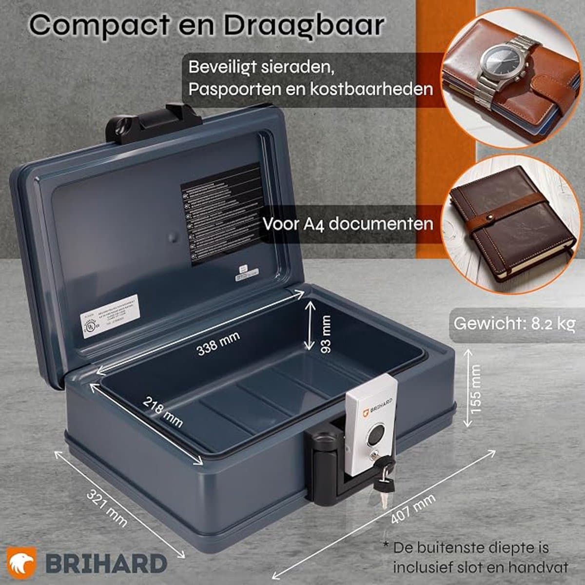 Brihard Portable Fire Chest – Brandwerende en Waterdichte Documentenbox – UL72 30 Min Brandbeveiliging – SGS Getest 72 Uur Waterdicht tot 1m – Met Handvat & 2 Sleutels – Geschikt voor A4 Documenten, Paspoort & Geld