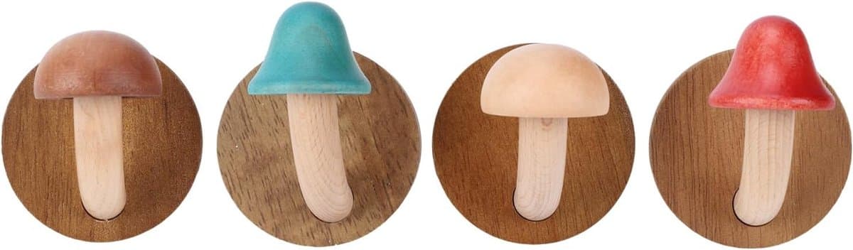 Paddenstoel Haken - Wanddecoratie Haken - Opbergen en Decoreren - Handgesneden Massief Hout - 4 Stuks - Multicolor