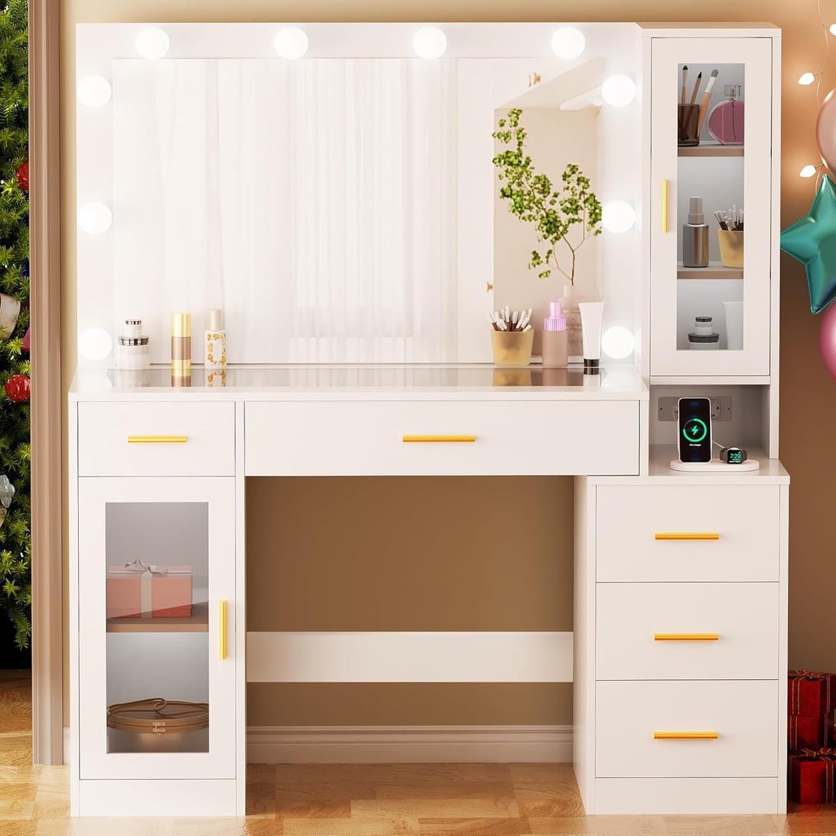 Luxe Make-up Kaptafel met Verlichte Spiegel, Glazen Werkblad en 5 Lades, Inclusief Stopcontacten en USB-poorten – 125 x 40 x 140 cm – Novihome