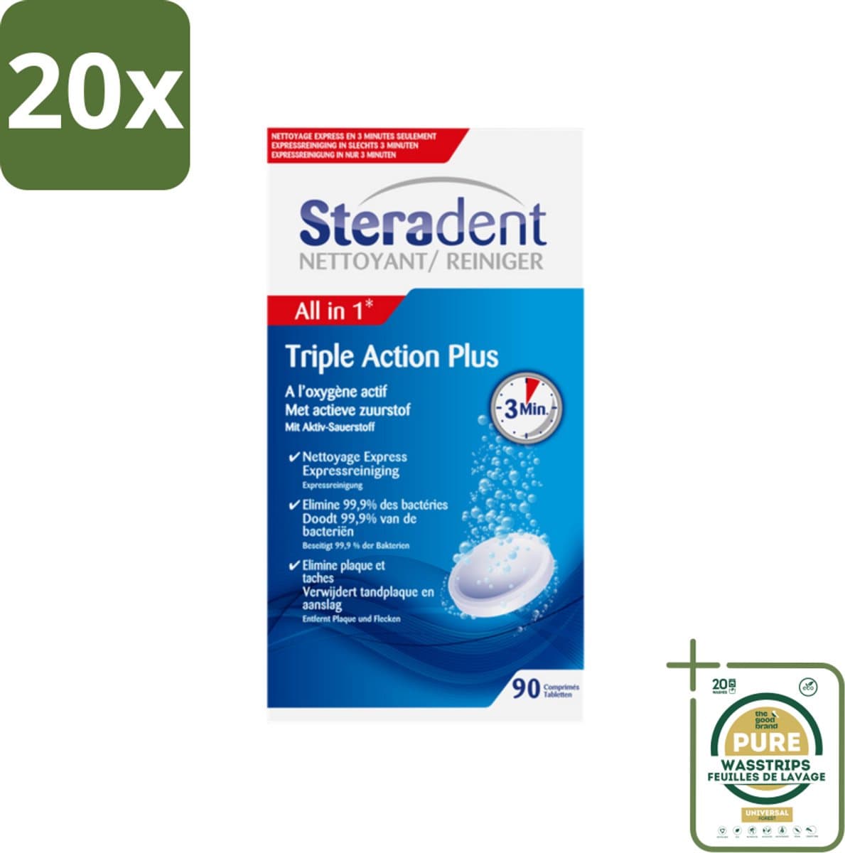 20 x Steradent - Kunstgebitreiniger - Tegen Tandplak En Aanslag - 90 Tabletten - Grootverpakking - Kunstgebit Reinigen - Tandplak Verwijderen - Aanslag Verwijderen - Kunstgebit Reiniger - Kunstgebit Reinigen Tabletten