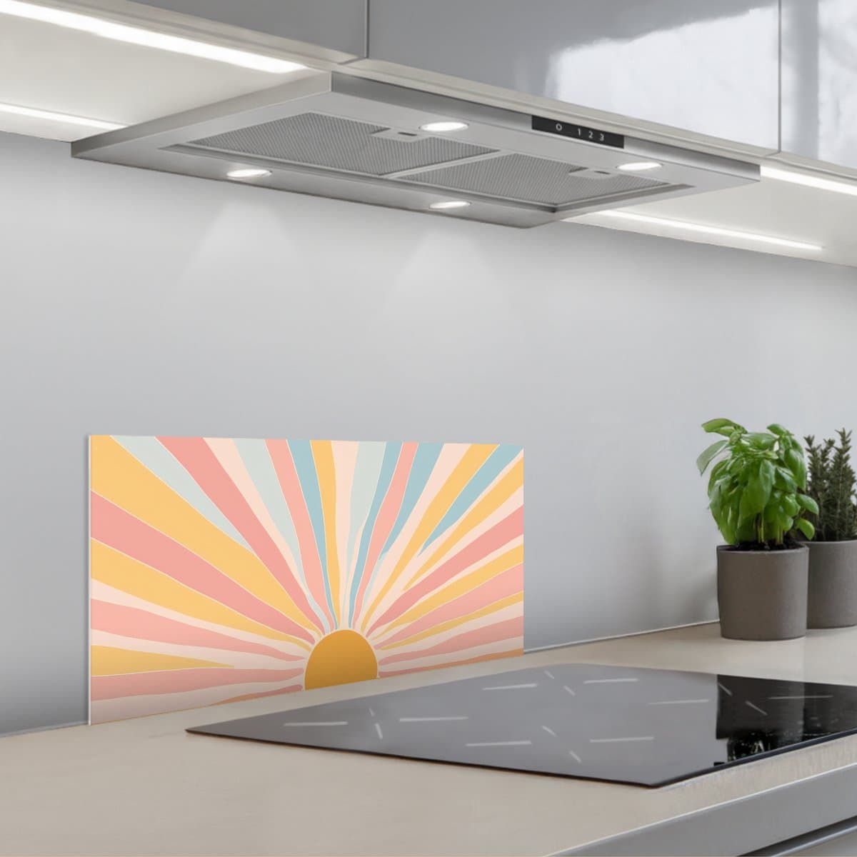 Spatscherm 60x30 cm - Zelfklevende achterwand Illustratie - Zon - Pastelkleuren - Keuken muurbeschermer - Spatwand fornuis