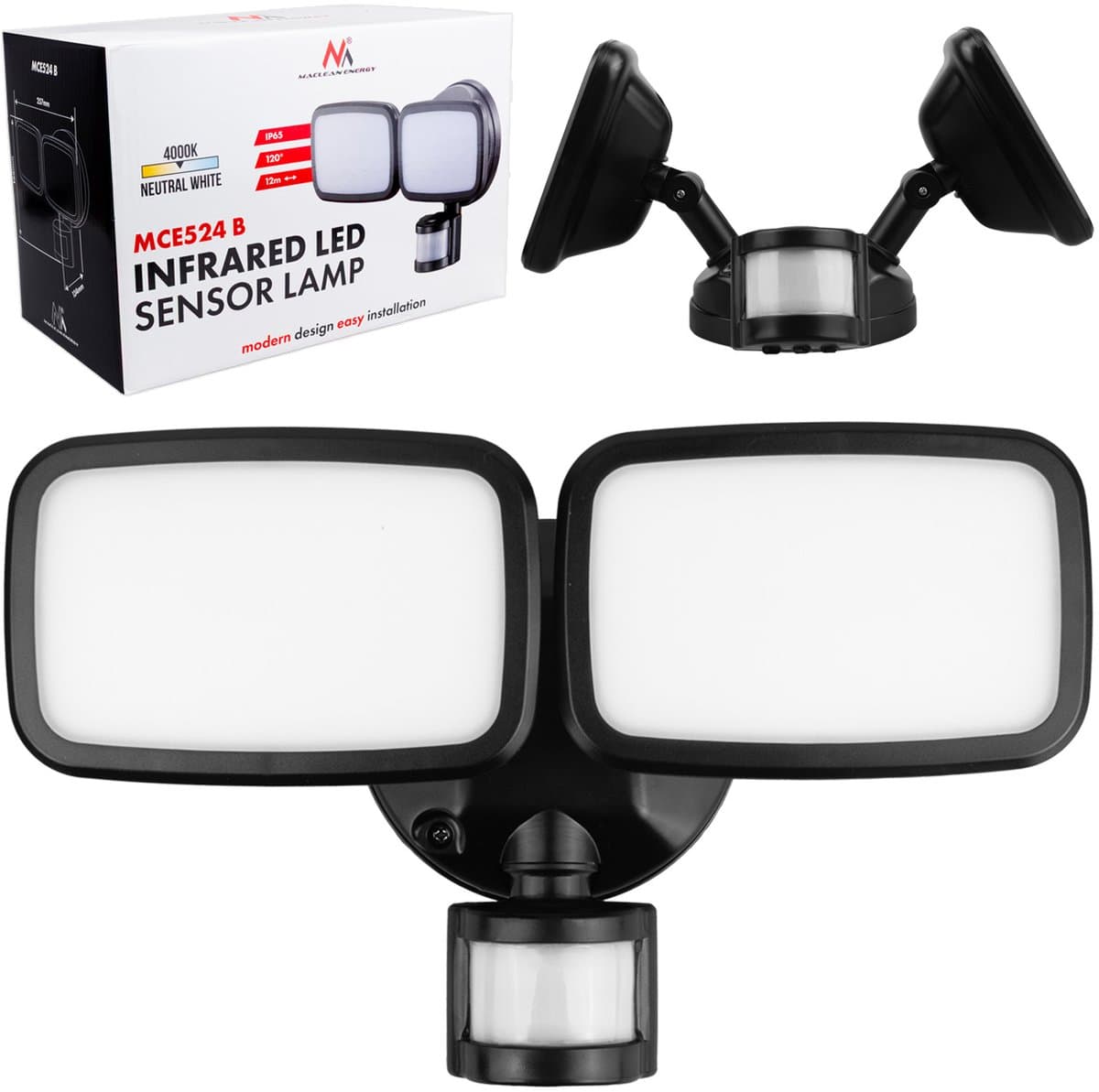 Maclean - LED Wandlamp - met PIR-sensor, 20 W, 1500 lm, IP65, neutraal wit 4000 K, zwart, MCE524 B