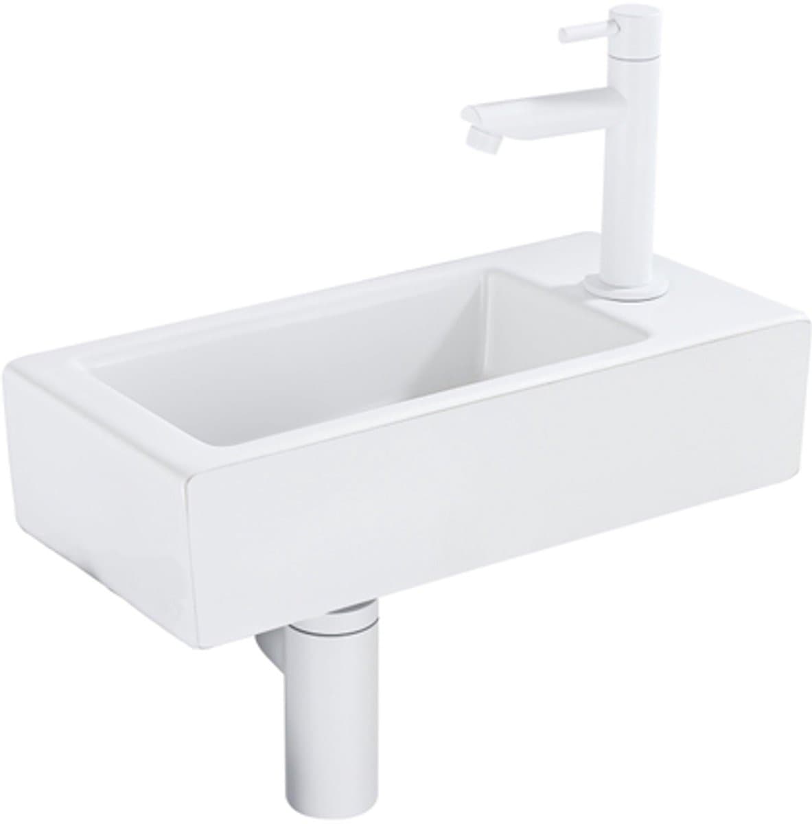 QeramiQ Fuente Fonteinset - 37.5x18.5x9cm - keramiek - kraangat rechts - fonteinkraan mat wit - afvoerplug - verlaagd sifon - Mat wit