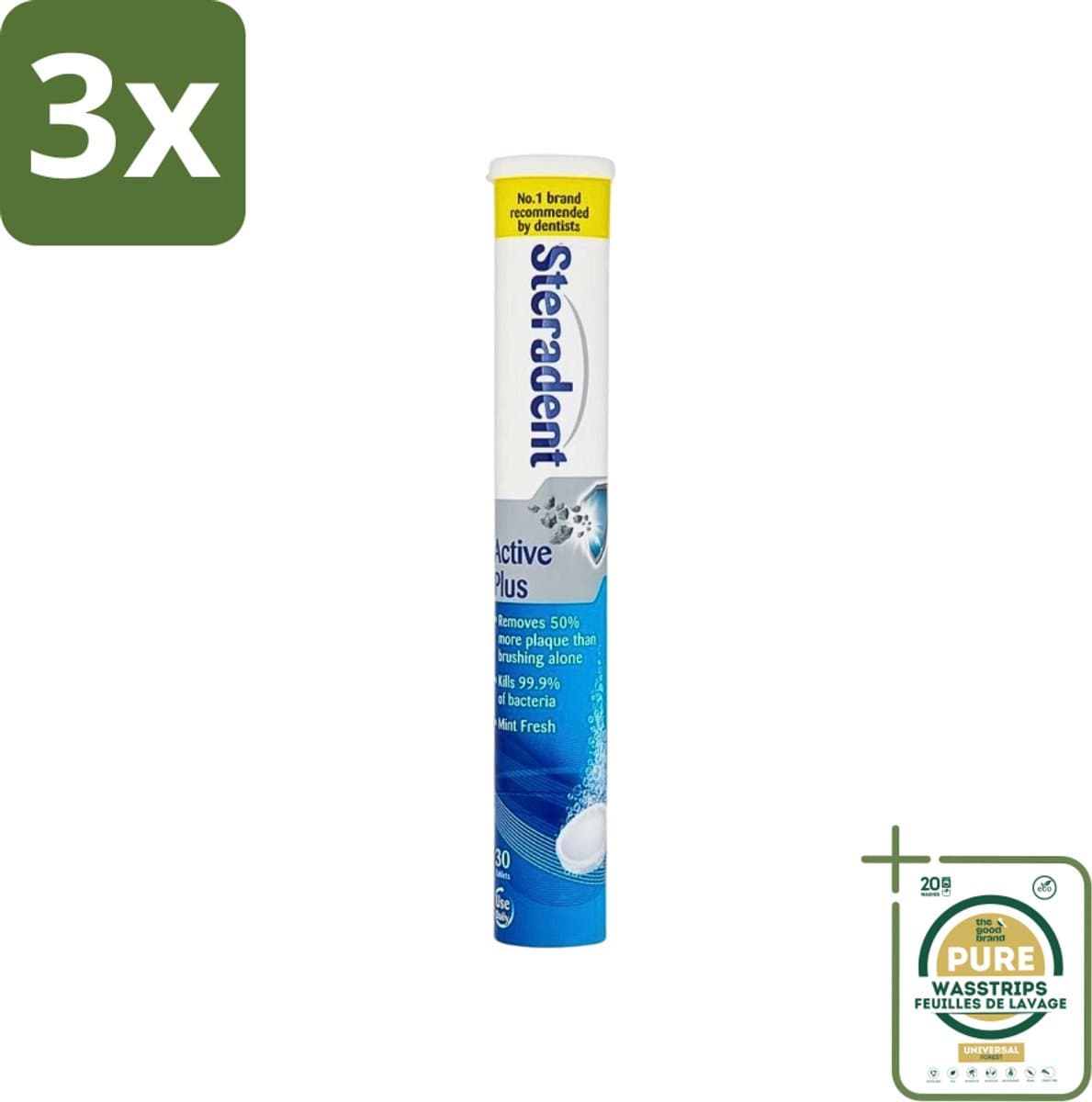 3 x Steradent - Reinigingstabletten - Active Plus - Tegen Tandsteen & Bacteriën - 30 Tabletten - Grootverpakking - Kunstgebit Reinigen - Tandsteen Verwijderen - Mondhygiëne - Bacteriën Doden - Tandplak Verwijderen