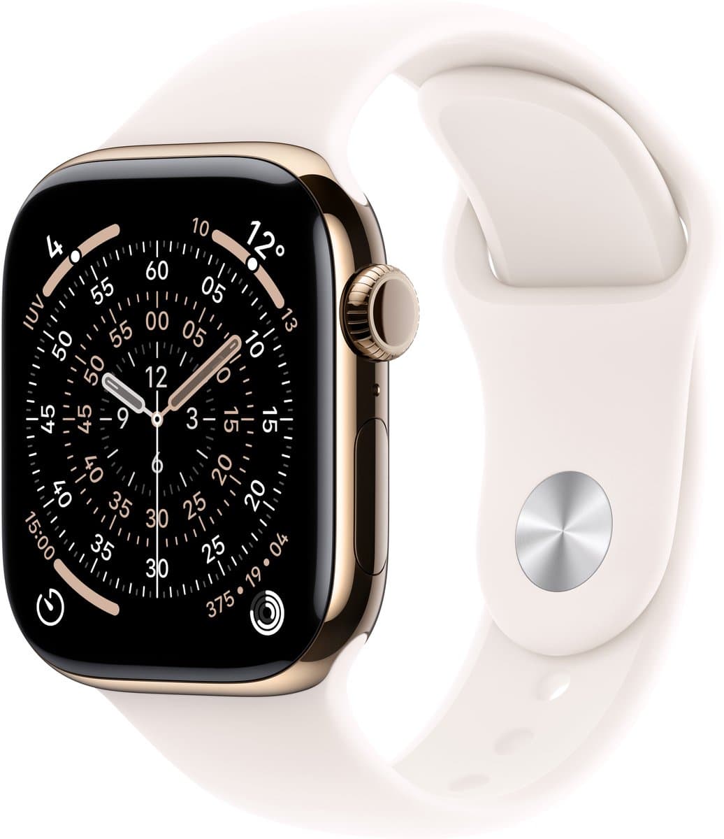 Apple Watch Series 11 GPS + Cellular 42 mm gold titanium kast met lichtroze sportband - S/M