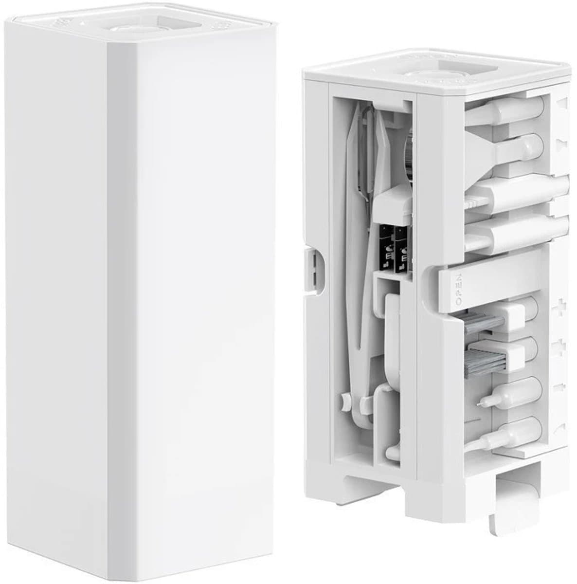 Deze 32-in-1 multifunctionele reinigingsset voor elektronische apparaten is geschikt voor koptelefoons, mobiele telefoons, computers, monitoren, lenzen, enz. De set heeft een compact en draagbaar ontwerp en is verkrijgbaar in het wit.
