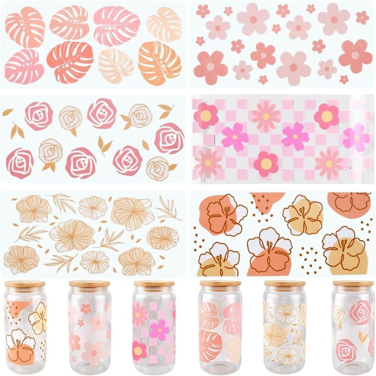 6x UV DTF Bekerwikkel Set - Bloem & Roos Decals voor Glas & Tumblers - Waterdichte Stickers