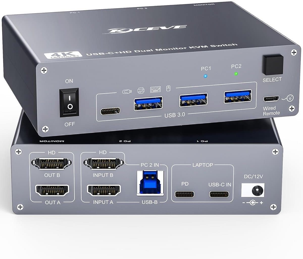 KVM Switch voor 2 Monitoren en 3 Computers - USB C, HDMI, 4K@60Hz, Dual Monitor KVM Switch met 4 USB 3.0 Poorten