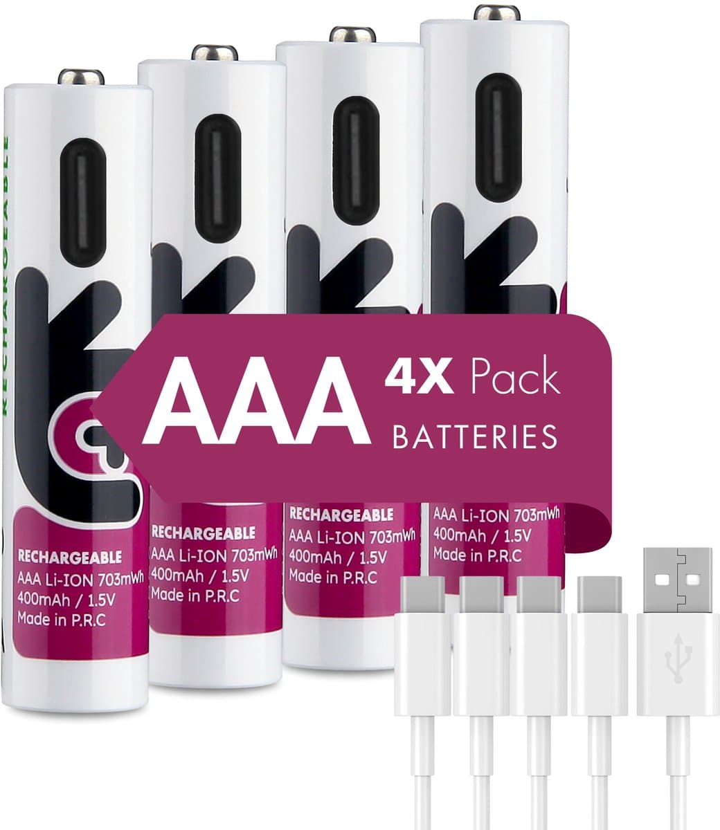 Uniross USB-C Oplaadbare AAA Li-ion Batterijen - 1.5V Constante Output - 500mAh / 750mWh - Set van 4 inclusief 4-in-1 Laadkabel
