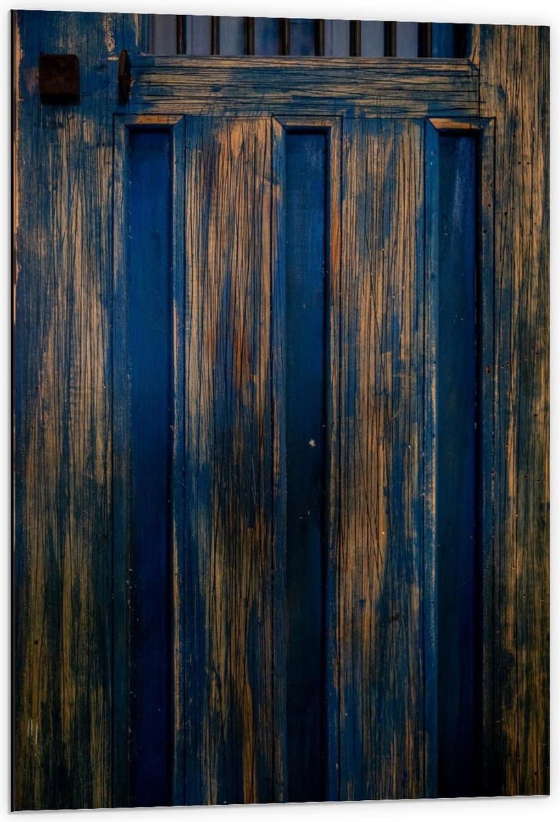 Dibond - Bruin/Blauwe Oude Deur - 60x90cm Foto op Aluminium (Wanddecoratie van metaal)