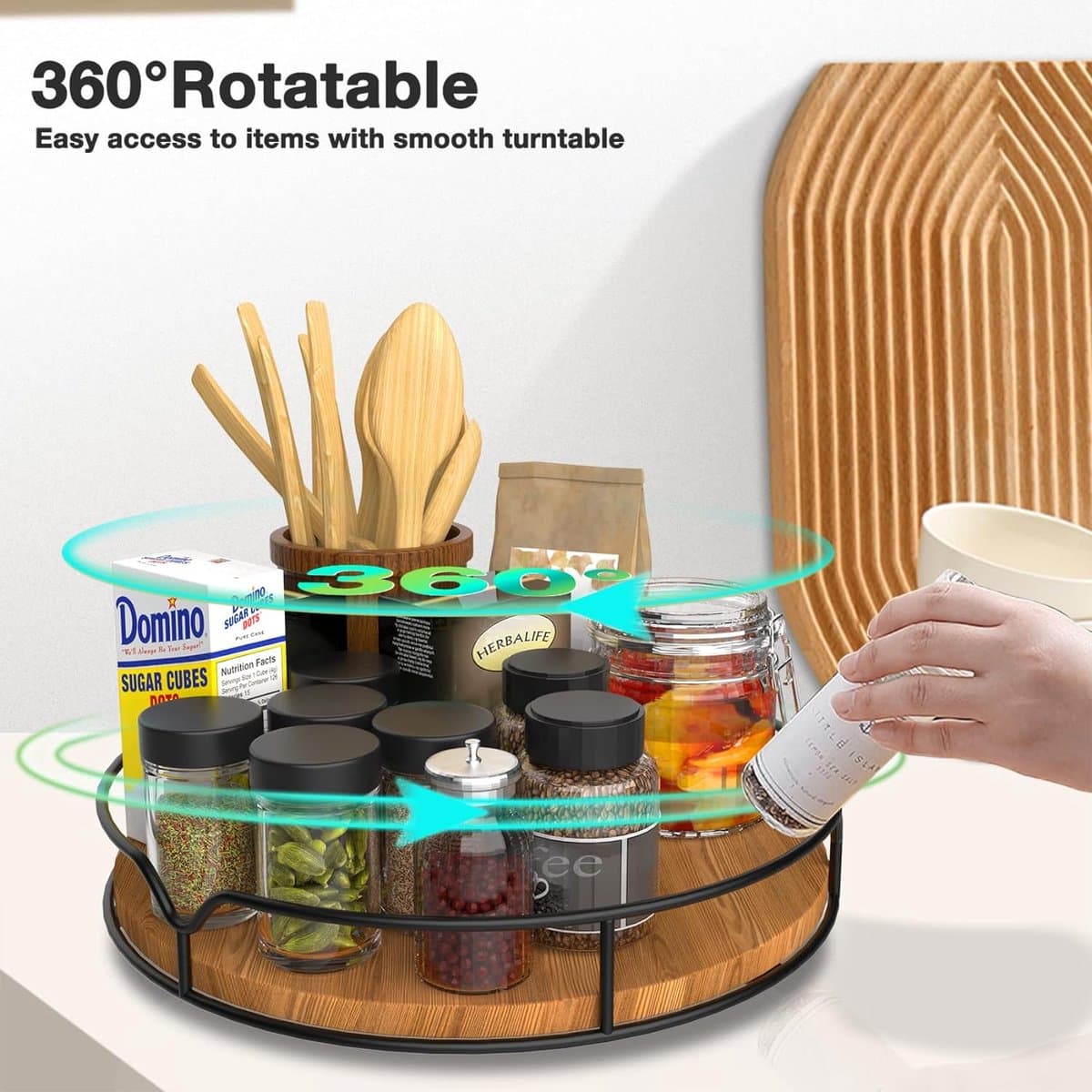 Lazy Susan Draaiplateau, organizer voor kast, eetkamer, keuken, werkblad, koelkast, kast, grenenhout, 23 cm, gecarboniseerd zwart