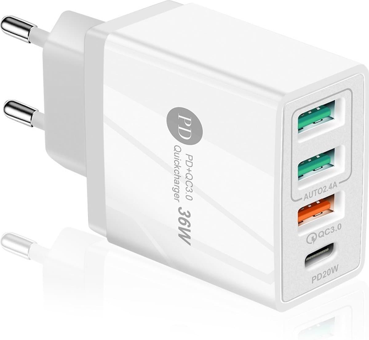 DrPhone HALO6 DELUXE - 20W 4 USB Poorten Snel Lader – USB-C PD 3.0/ Qualcomm 3.0 - Thuislader- Oplader 5V 3A / 9V 2.2A - Universeel – Wit