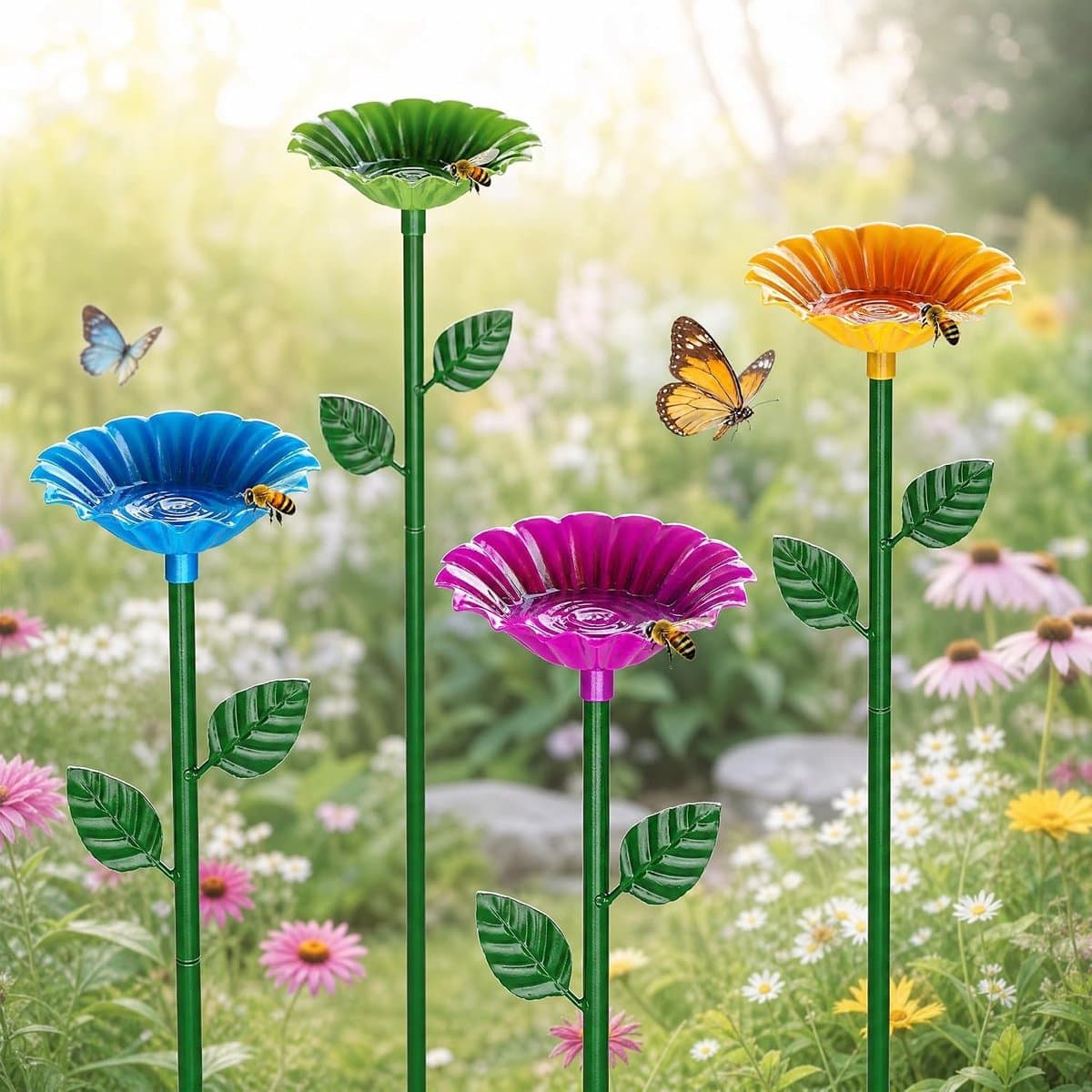 Set van 4 metalen bijendrinker in bloemenvorm voor tuin, balkon en terras - Ideaal voor bijen, vogels en insecten
