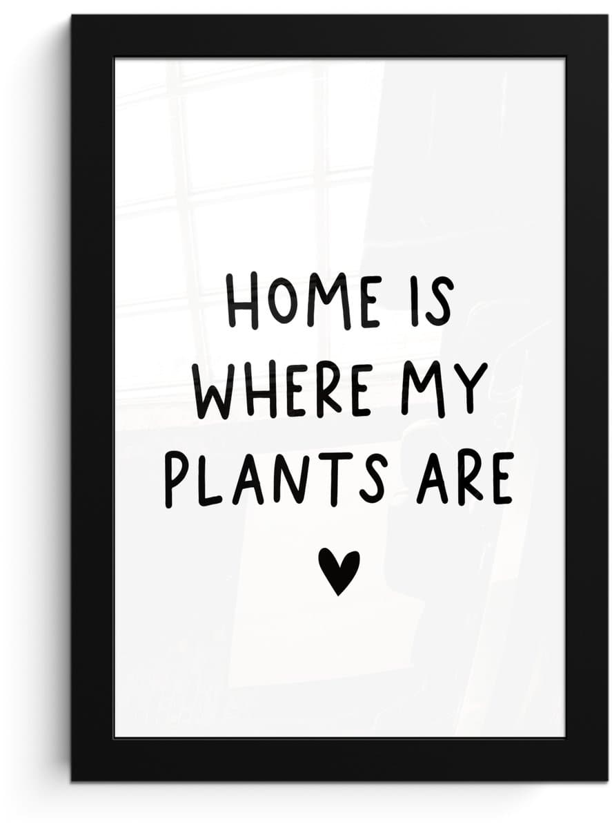 Poster in lijst - Fotolijst 20x30 cm - Posters - Engelse quote "Home is where my plants are" met een hartje op een witte achtergrond - Posterlijst zwart - Decoratie - Wanddecoratie woonkamer - Muurdecoratie slaapkamer