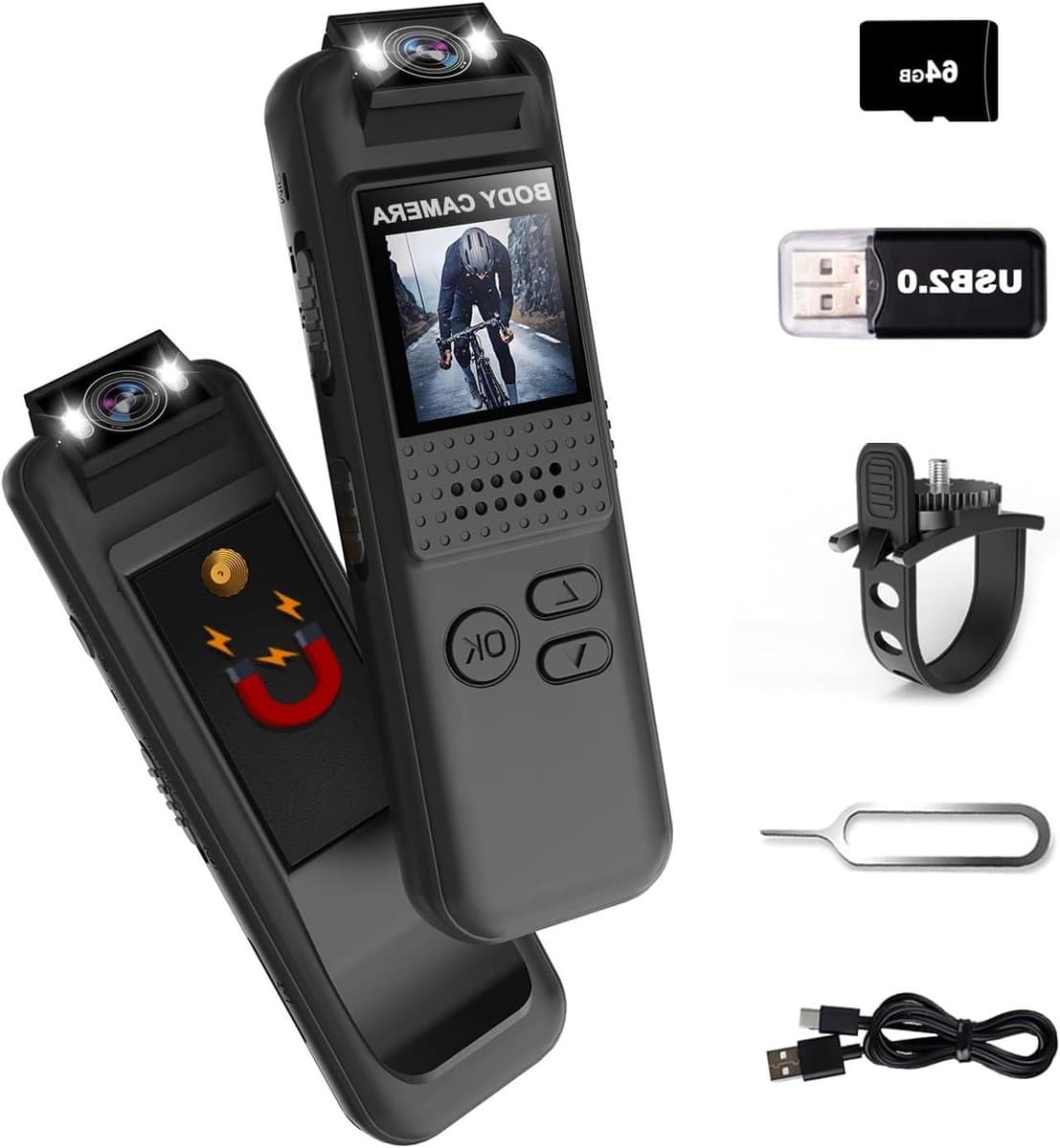 Mini Bodycamera - Draagbare Camera - Outdoor Activiteiten - 180° Draaibare Lens - 64GB Opslag - Zwart