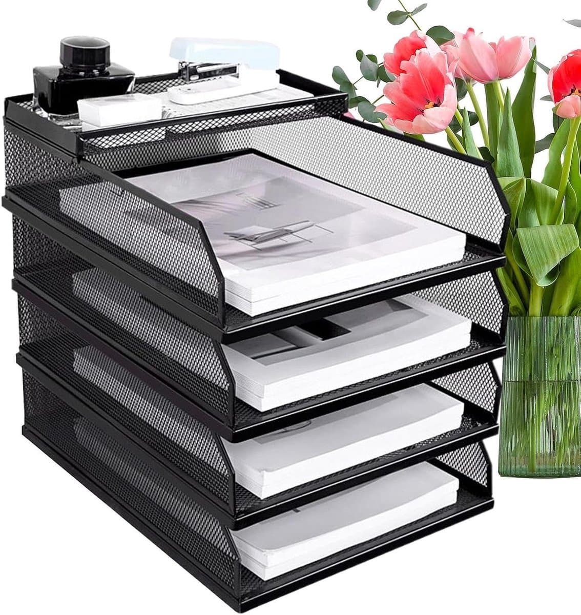 Bureau Organiser - Papier Sorteerder - Documenten Sorteren - Mesh Metaal Ontwerp - 29.2W x 19.1H cm - Zwart